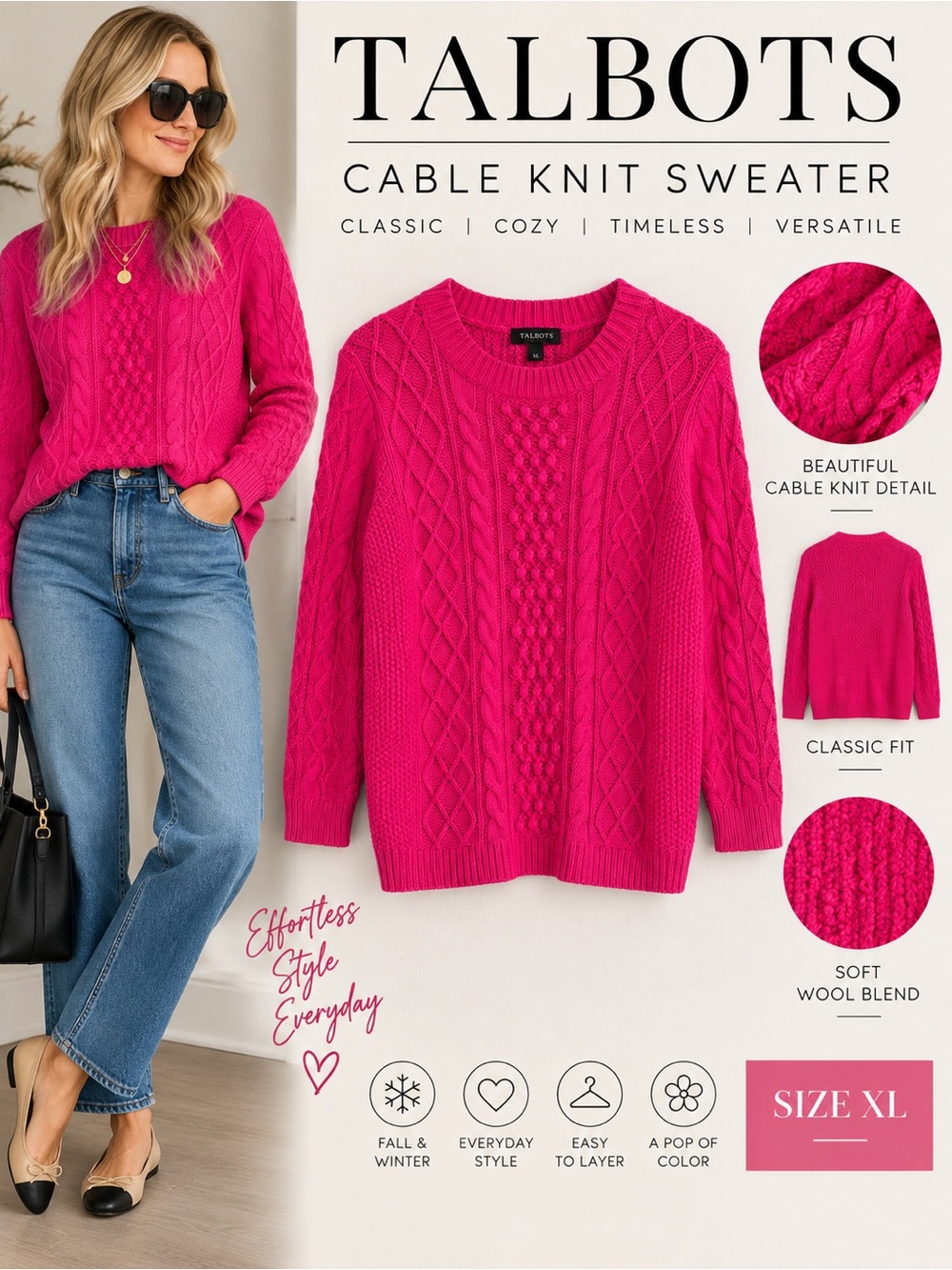 Talbots XL Hot Pink Cable Knit Wool Blend Sweater